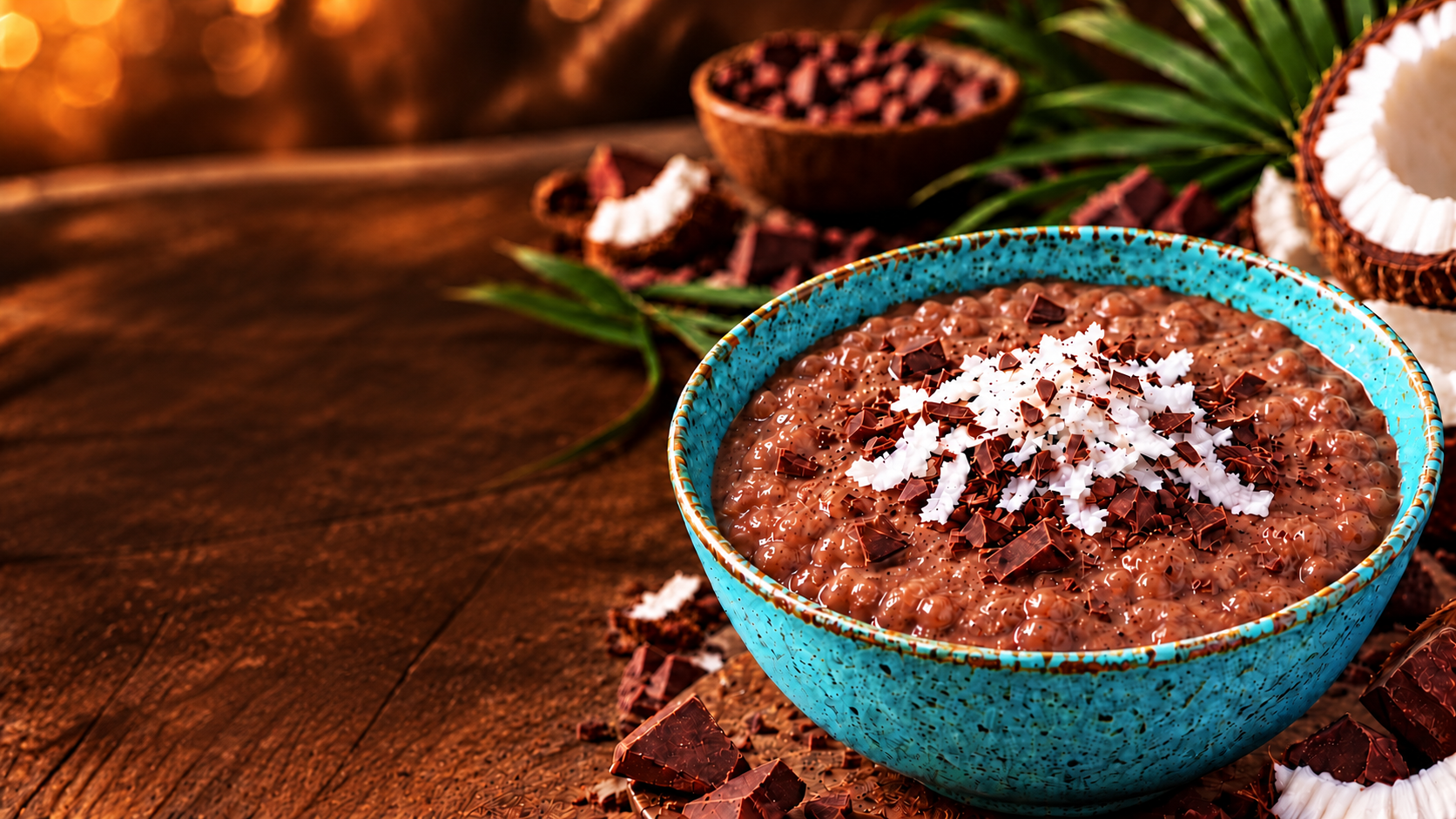 Chocolate pudding topped with coconut and chocolate shavings in a turquoise bowl.